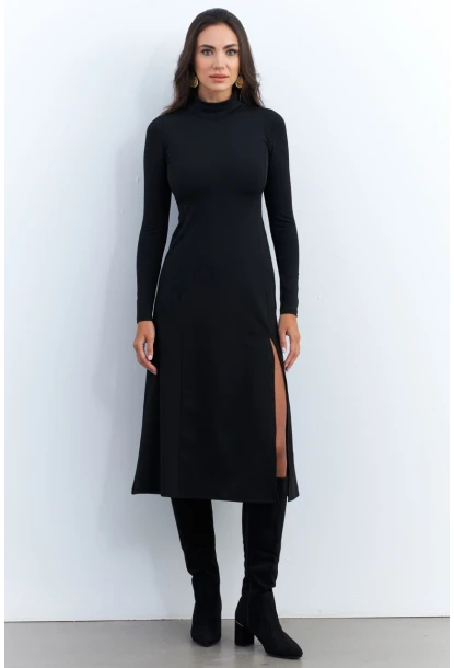 Kadın Siyah Balıkçı Yaka Midi Elbise HOR15