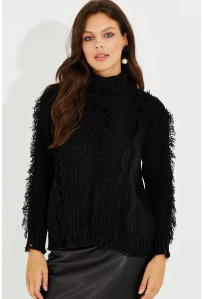 Kadın Siyah Balıkçı Yaka Püsküllü Triko Kazak KZ2471
