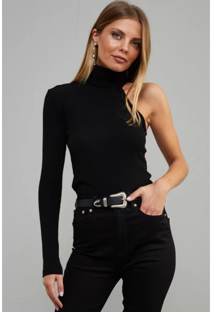 Kadın Siyah Balıkçı Yaka Tek Kol Kaşkorse Bluz EY1118