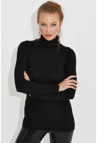 Kadın Siyah Balıkçı Yaka Triko Bluz MSS128