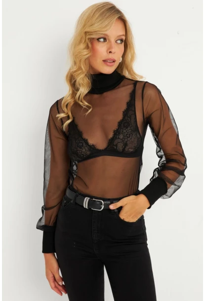 Kadın Siyah Balıkçı Yaka Tül Yılbaşı Bluz EY2901