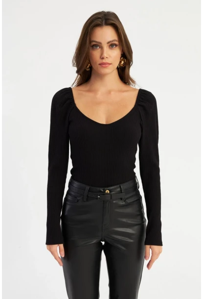Kadın Siyah Balon Kol Bluz RK42