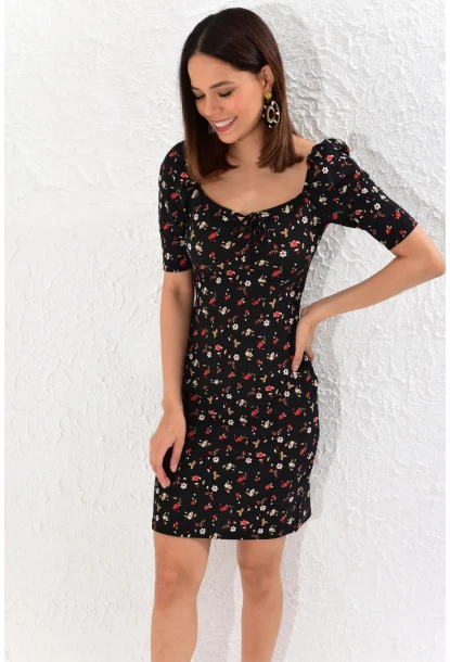 Kadın Siyah Balon Kol Kare Yaka Elbise Yİ1809