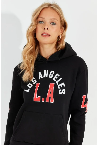 Kadın Siyah Baskılı Kapüşonlu Sweatshirt DA146