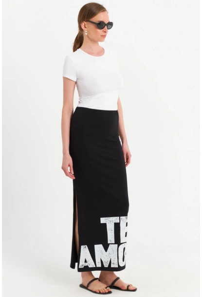 Kadın Siyah Baskılı Yırtmaçlı Midi Etek TPG09