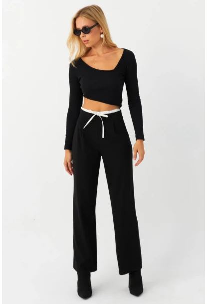 Kadın Siyah Beli Bağlamalı Palazzo Pantolon ELA3972