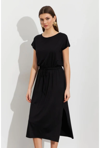 Kadın Siyah Beli Büzülebilir Midi Elbise MURO1193