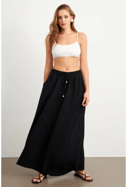 Kadın Siyah Beli Lastikli Cepli Palazzo Pantolon Sİ1155