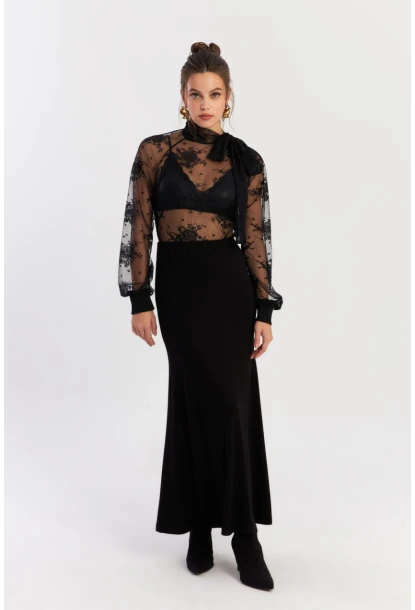 Kadın Siyah Beli Lastikli Evoze Maxi Etek EY2923