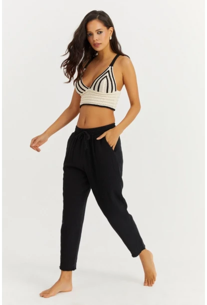 Kadın Siyah Beli Lastikli Muslin Pantolon İS3873