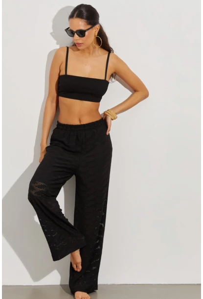 Kadın Siyah Beli Lastikli Yarım Astarlı Brode Pantolon TW80018