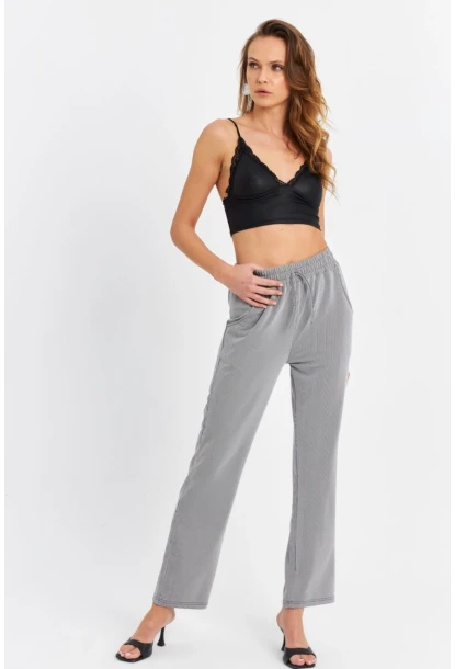 Kadın Siyah-Beyaz Beli Lastikli Çizgili Pantolon SE11