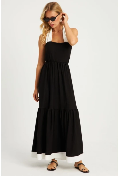 Kadın Siyah-Beyaz Bürümcük Volanlı Midi Elbise EY2836