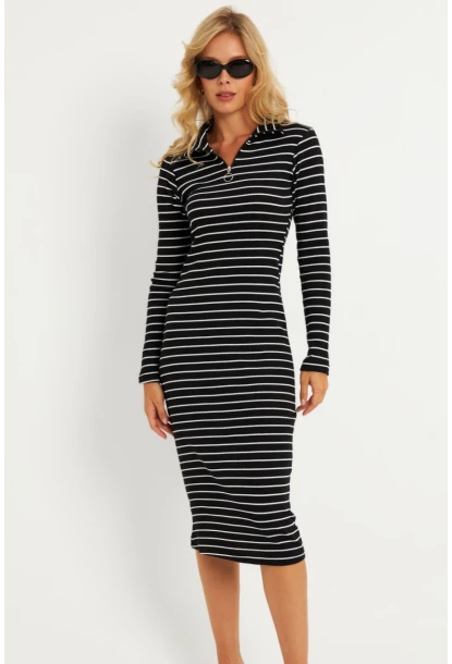 Kadın Siyah-Beyaz Çizgili Kaşkorse Midi Elbise YLE43
