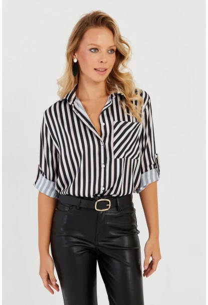 Kadın Siyah-Beyaz Çizgili Saten Gömlek SF2536