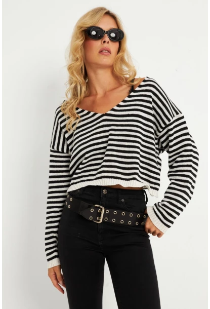 Kadın Siyah-Beyaz Çizgili Triko Bluz YV278