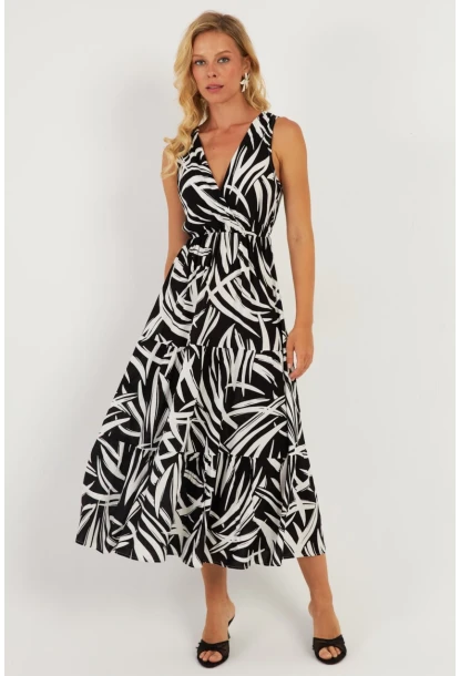 Kadın Siyah-Beyaz Desenli Kruvaze Midi Elbise YZ634