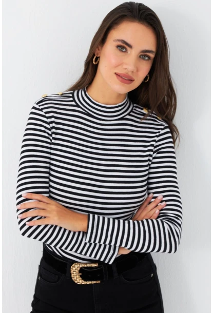 Kadın Siyah-Beyaz Düğme Detaylı Çizgili Bluz MAYD14