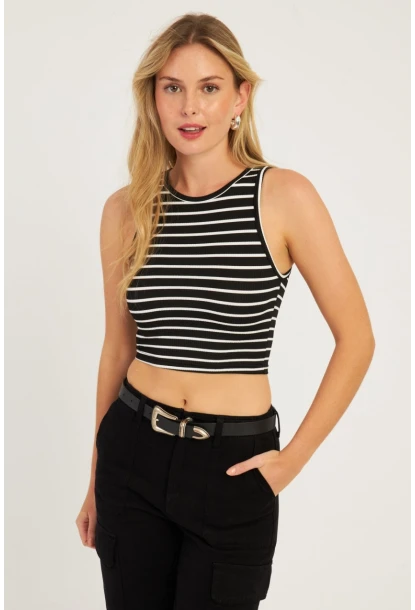 Kadın Siyah-Beyaz İkili Çizgili Crop Bluz CG346