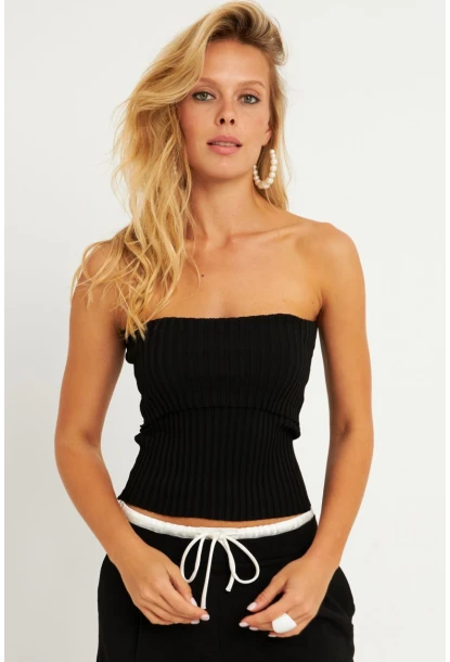 Kadın Siyah-Beyaz İkili Straplez Triko Bluz YV272