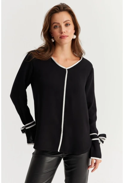 Kadın Siyah-Beyaz Kontrast Biyeli Dokuma Bluz YLE617