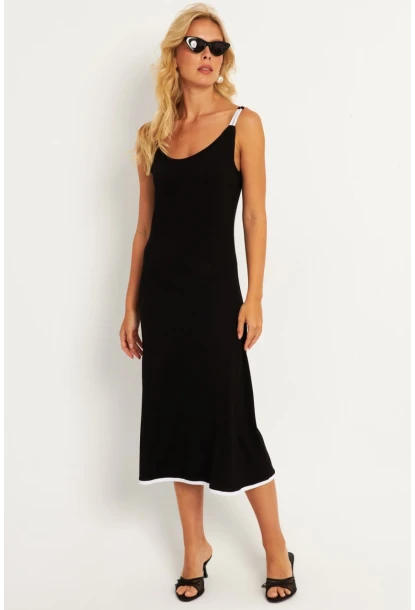 Kadın Siyah-Beyaz Kontrast Midi Elbise ST057