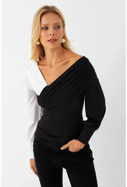 Kadın Siyah-Beyaz Kruvaze Bluz LİK8