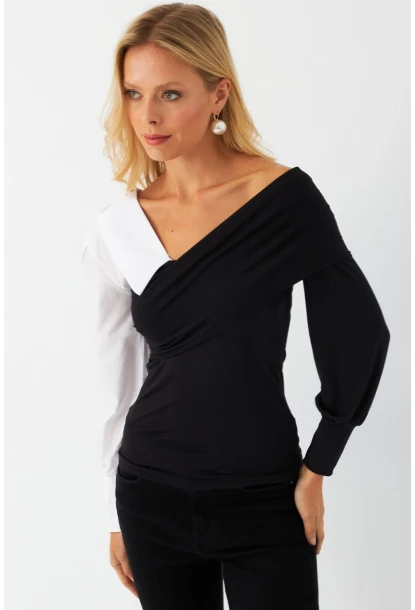 Kadın Siyah-Beyaz Kruvaze Bluz LİK8