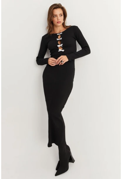 Kadın Siyah-Beyaz Kurdele Detaylı Kaşkorse Maxi Yılbaşı Elbise XL2043