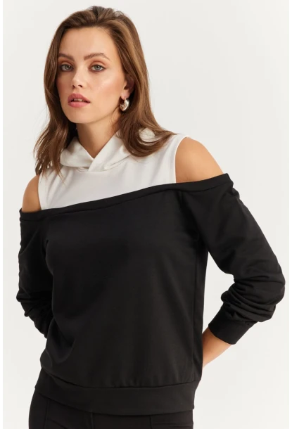 Kadın Siyah-Beyaz Omuzları Açık Sweatshirt TF15