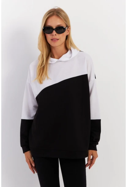 Kadın Siyah-Beyaz Renk Bloklu Kapüşonlu Sweatshirt DA148