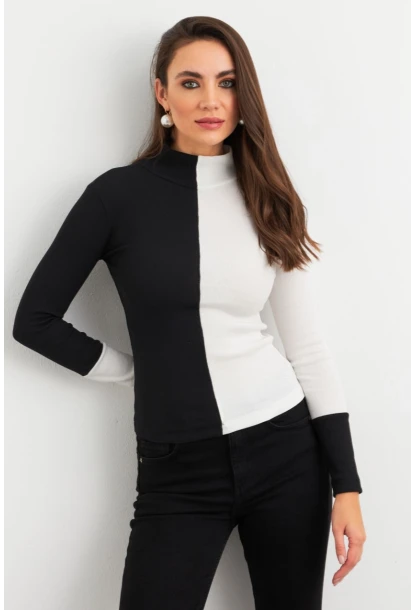 Kadın Siyah-Beyaz Renk Bloklu Kaşkorse Bluz EY3033