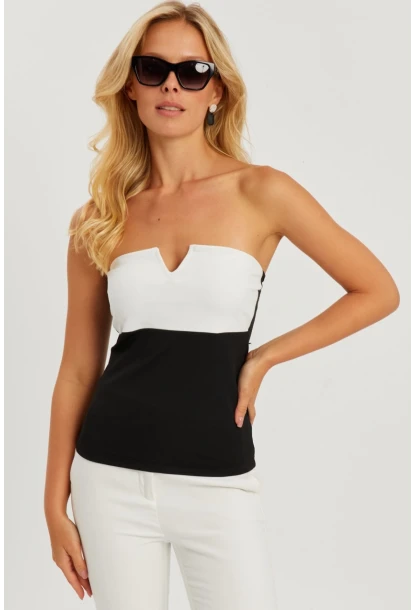 Kadın Siyah-Beyaz Straplez Bluz EY2793