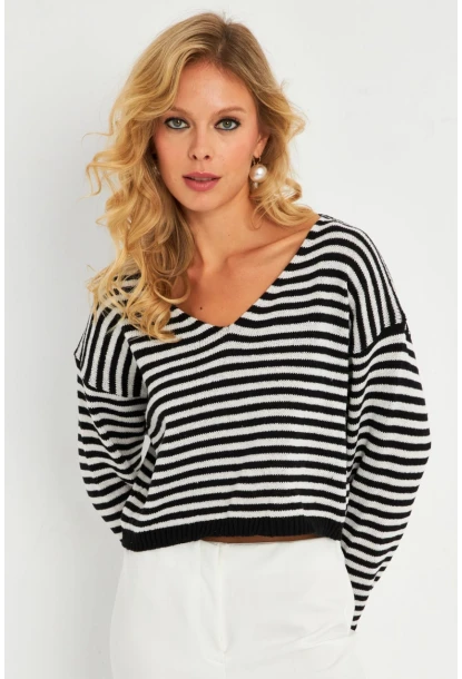 Kadın Siyah-Beyaz V Yaka Çizgili Bluz YV280