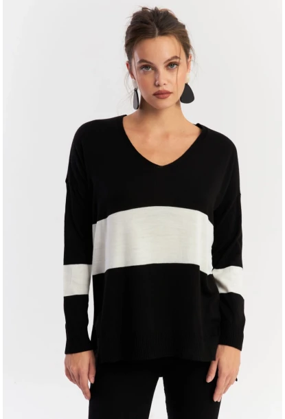 Kadın Siyah-Beyaz V Yaka Triko Bluz YİL555