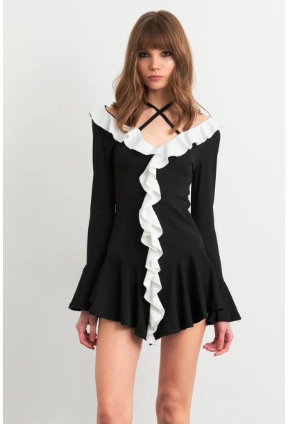 Kadın Siyah-Beyaz Volanlı İspanyol Kol Mini Elbise DCF108