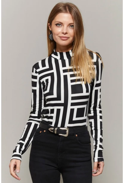 Kadın Siyah-Beyaz Yarım Balıkçı Desenli Bluz LPP1133-1