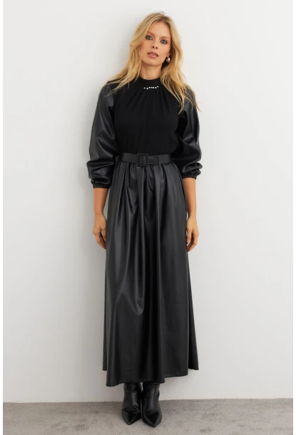 Kadın Siyah Bloklu Taşlı Elbise MALZ101