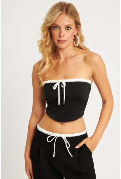 Kadın Siyah Boyun Bağlamalı Crop Bluz MON133