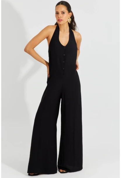 Kadın Siyah Boyundan Bağlamalı Gipeli Salaş Tulum BK1660