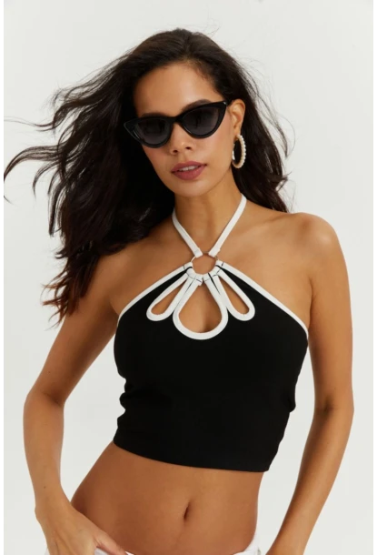 Kadın Siyah Boyundan Bağlamalı Halkalı Crop Bluz B1809