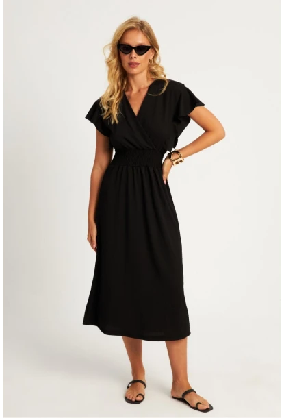 Kadın Siyah Bürümcük Kruvaze Midi Elbise XL2008