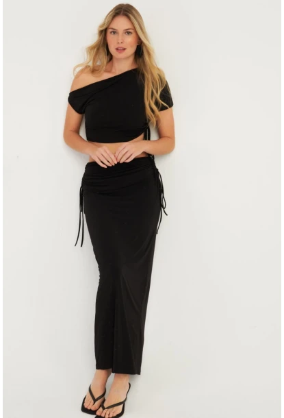 Kadın Siyah Büzgülü Alt Üst  Etek Takım YEL88