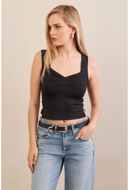 Kadın Siyah Büzgülü Bluz FLU325