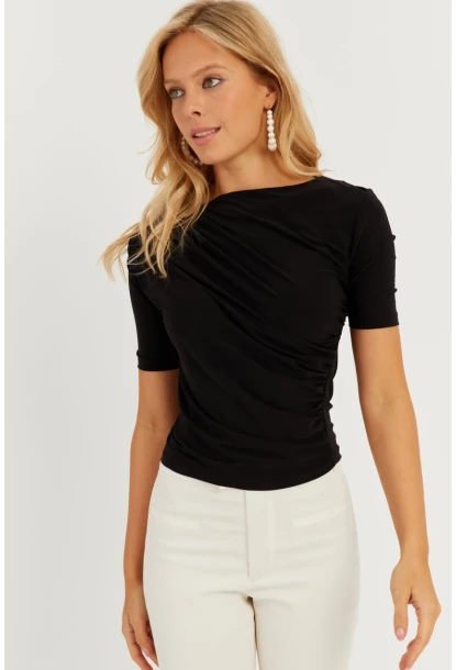 Kadın Siyah Büzgülü Bluz YZ623
