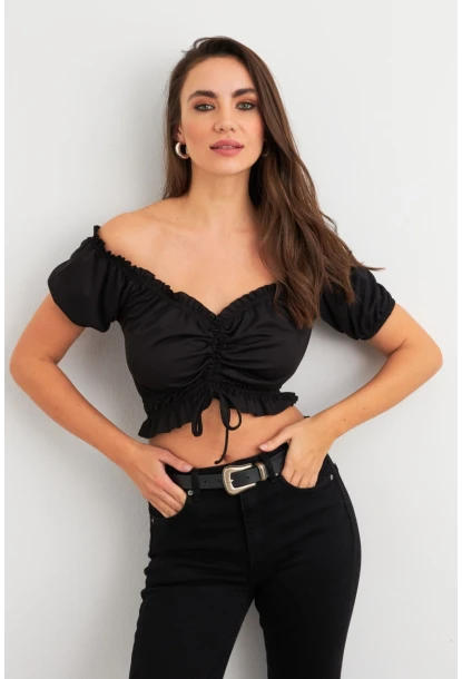 Kadın Siyah Büzgülü Crop Bluz ELT1680