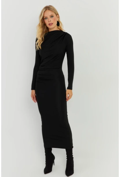 Kadın Siyah Büzgülü Midi Elbise MKED5000