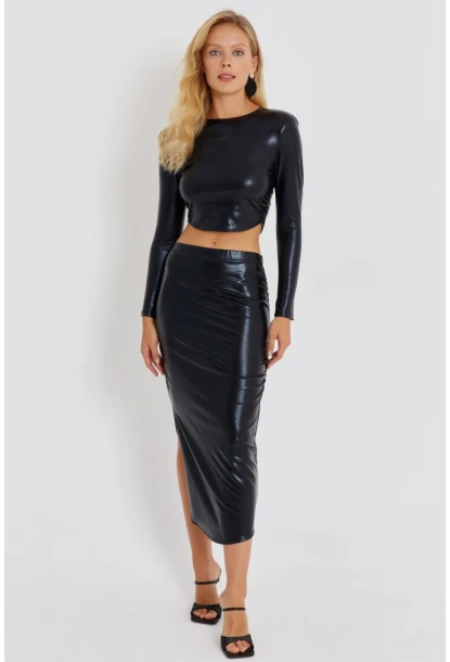 Kadın Siyah Büzgülü Parlak Etek Takım KED4046