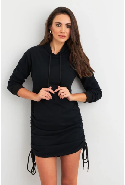 Kadın Siyah Büzgülü Sweat Elbise XC8101