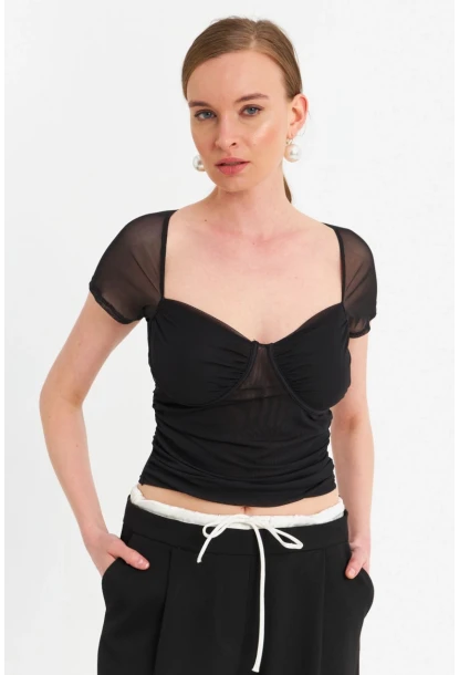 Kadın Siyah Büzgülü Tül Crop Bluz TPG04